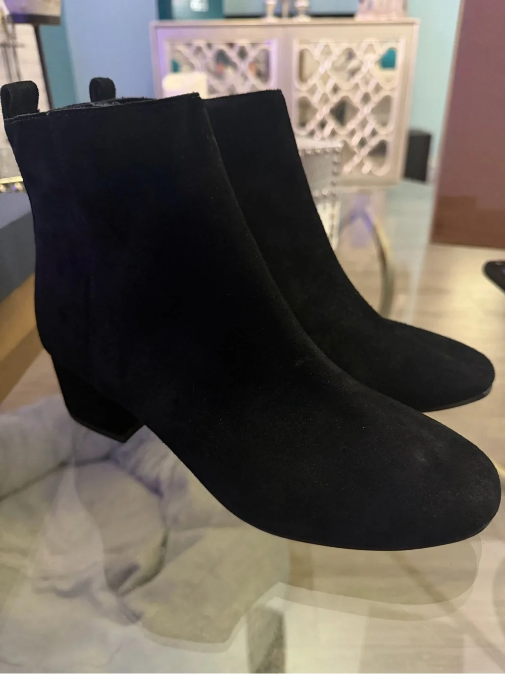 Bass Black Suede Ankle Booties with Low Block Heel